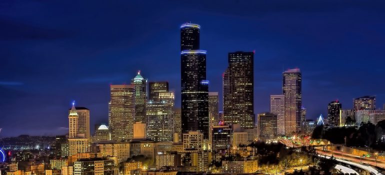 An aerial view of Seattle at night.