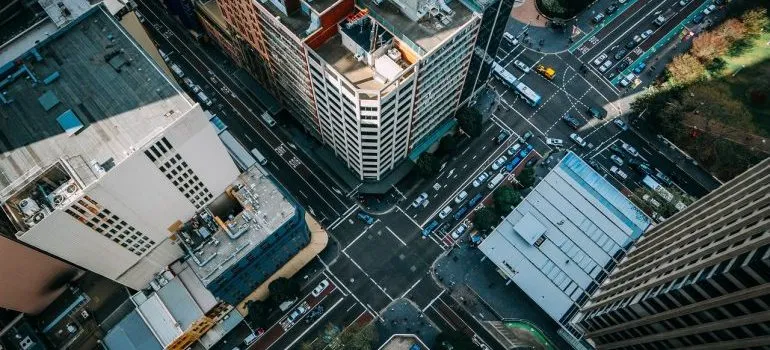 An aerial view of a junction. 