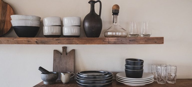 Dishes on shelves.