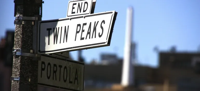 Twin peaks sign on a lamppost 
