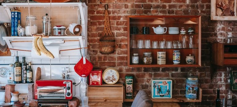 A cluttered kitchen.