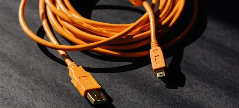 Coiled USB cable.