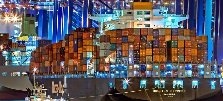 A cargo ship filled with shipping containers.