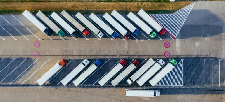 trucks aligned at a parking lot