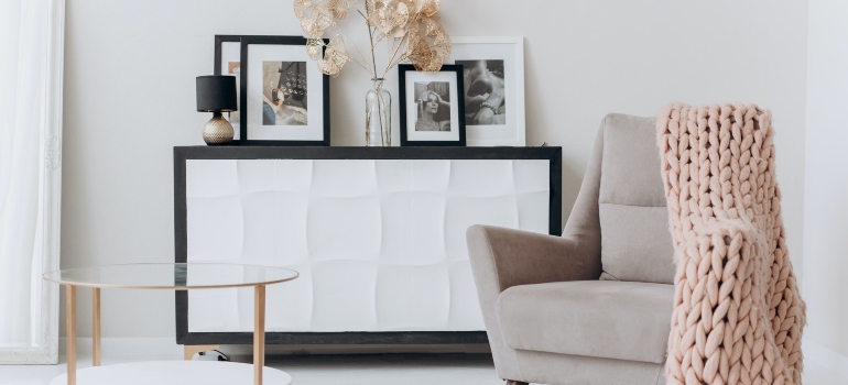 sofa, drawer, and a small table