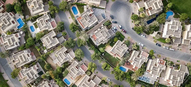Looking at aerial view of a neighborhood when moving from Bainbridge Island to Bellevue