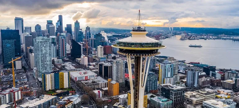 an areal view of Seattle downtown with Needle in the front