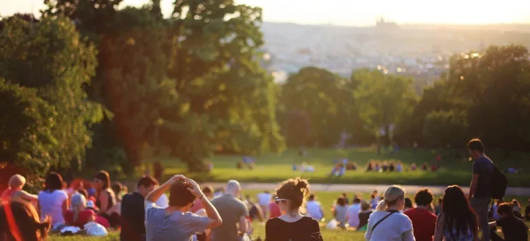 people sitting on the grass in a park talking about where do Kirkland families move