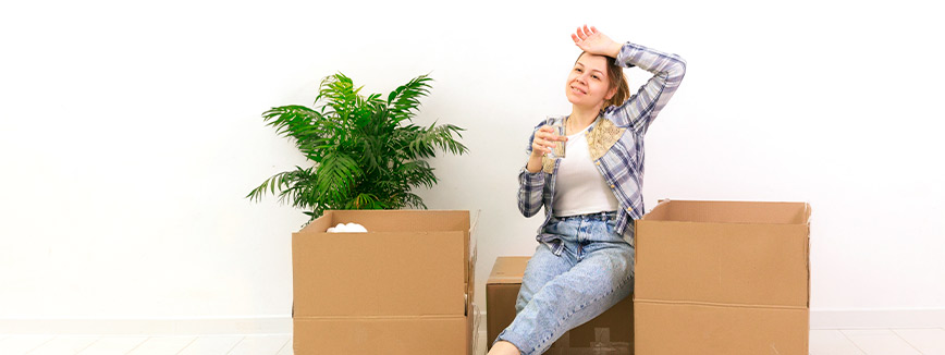 A woman relaxes on cardboard boxes, symbolizing her move from Seattle to Bellevue.