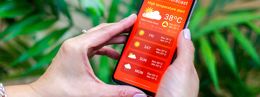 A person holding a smartphone displaying a weather app, preparing for a move from Seattle to Bellevue.